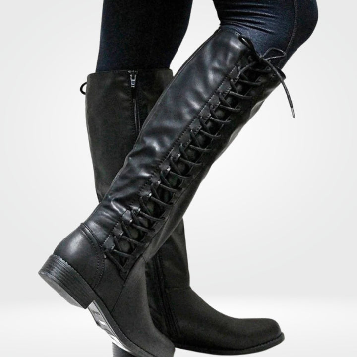 Women's Knee High Lace-Up Back Zipper Riding Boots - Black