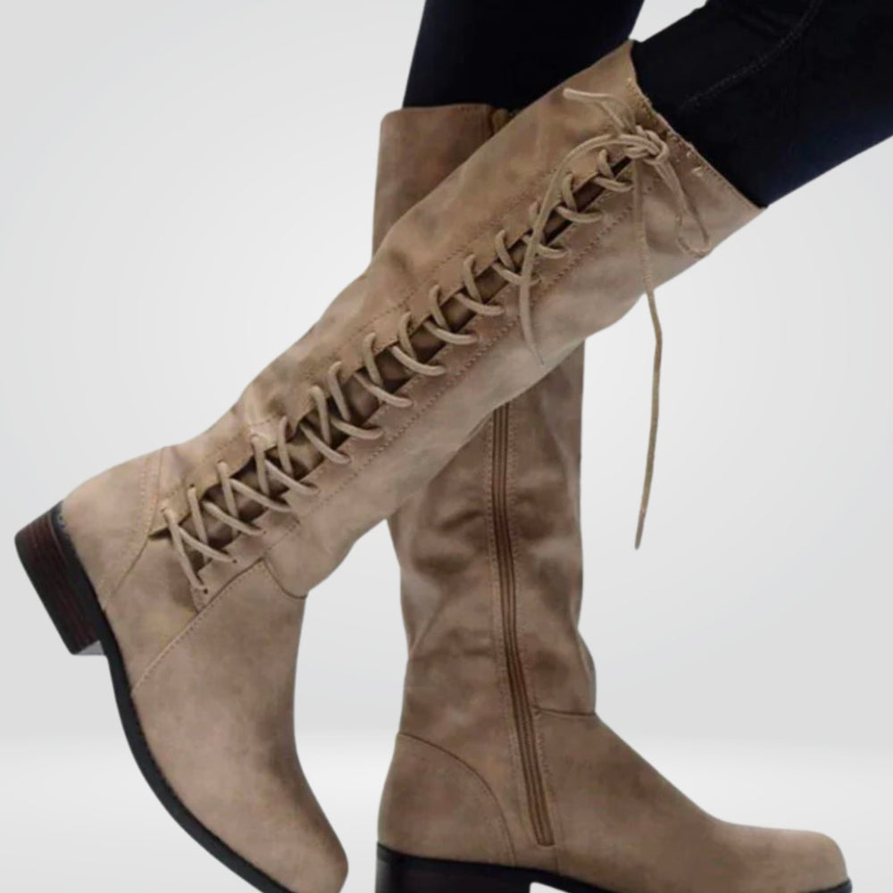 Women's Knee High Lace-Up Back Zipper Riding Boots - Beige