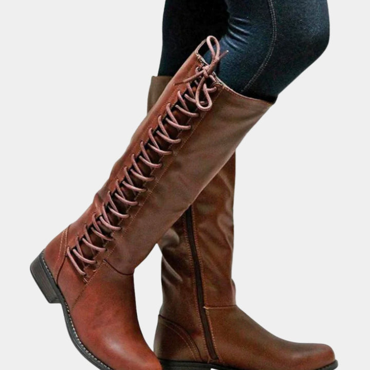 Women's Knee High Lace-Up Back Zipper Riding Boots - Brown