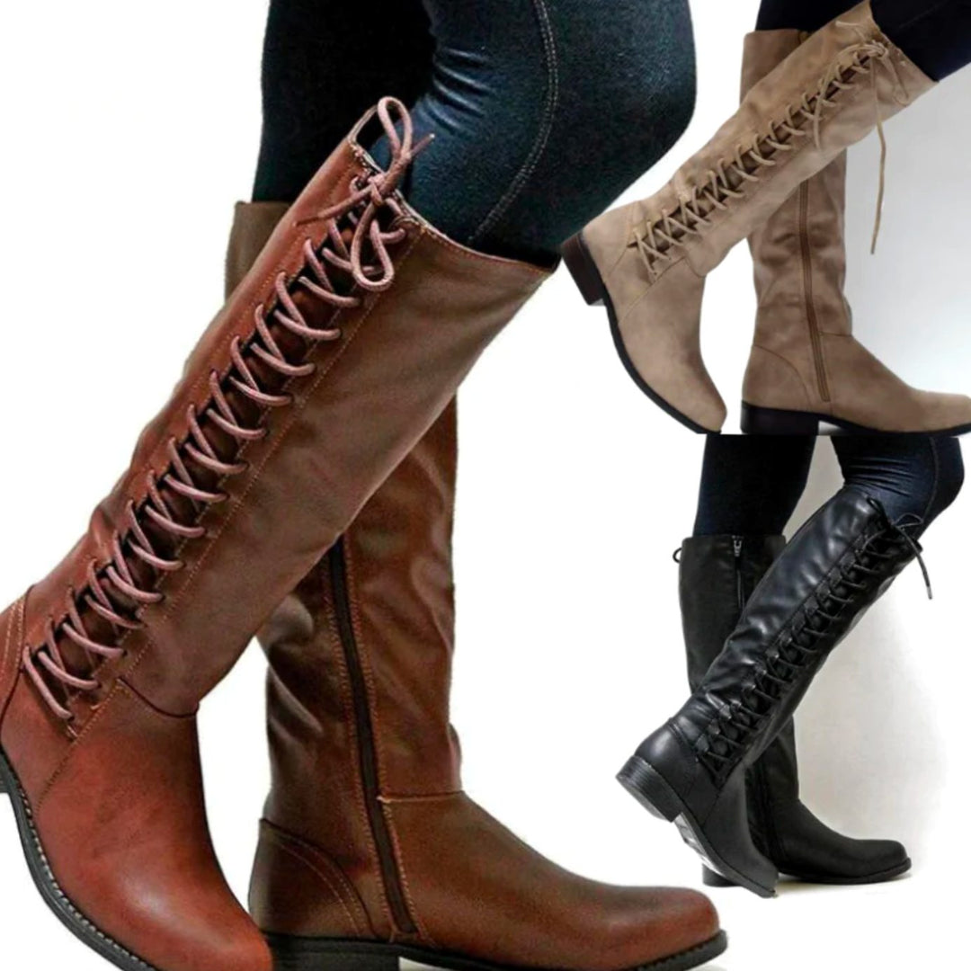 Women's Knee High Lace-Up Back Zipper Riding Boots