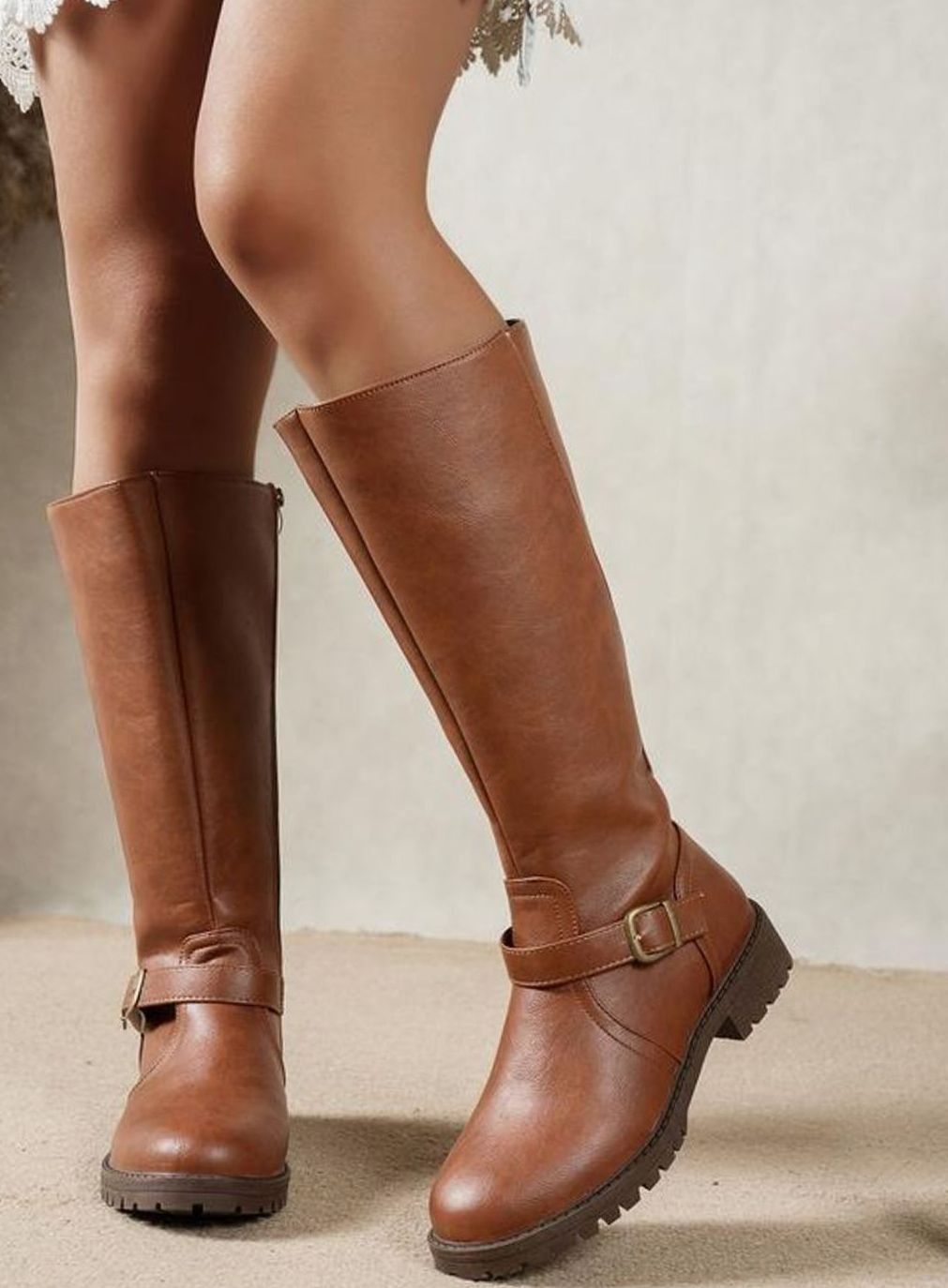 Women's Knee High Riding Boots Buckle Block Heel - Brown