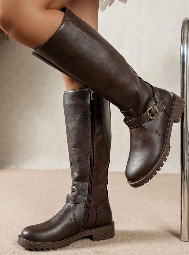 Women's Knee High Riding Boots Buckle Block Heel - Dark Brown