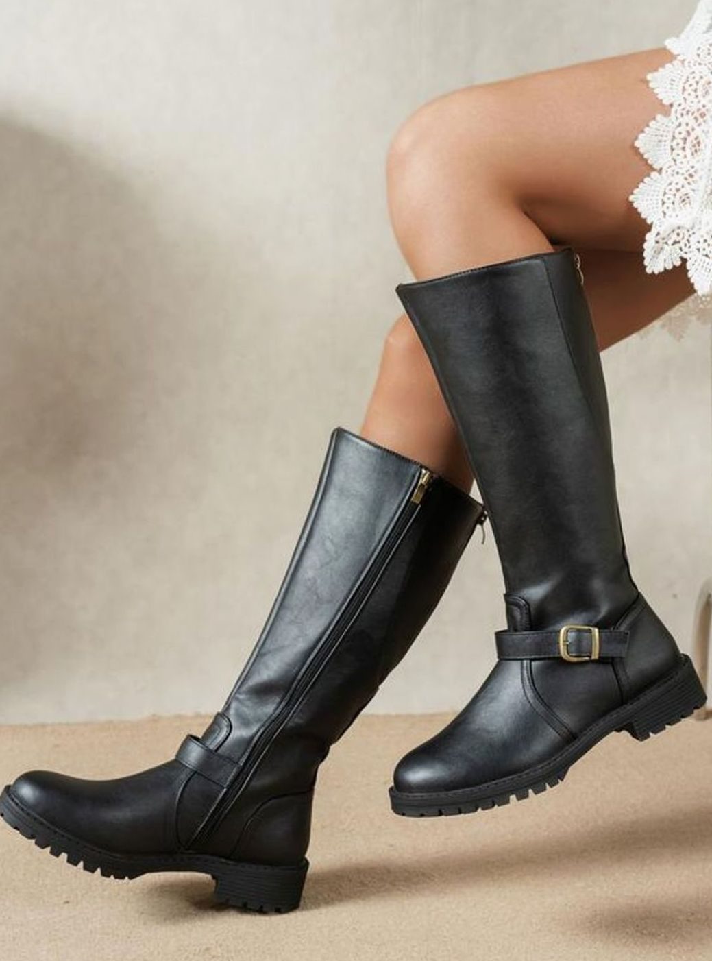 Women's Knee High Riding Boots Buckle Block Heel - Black