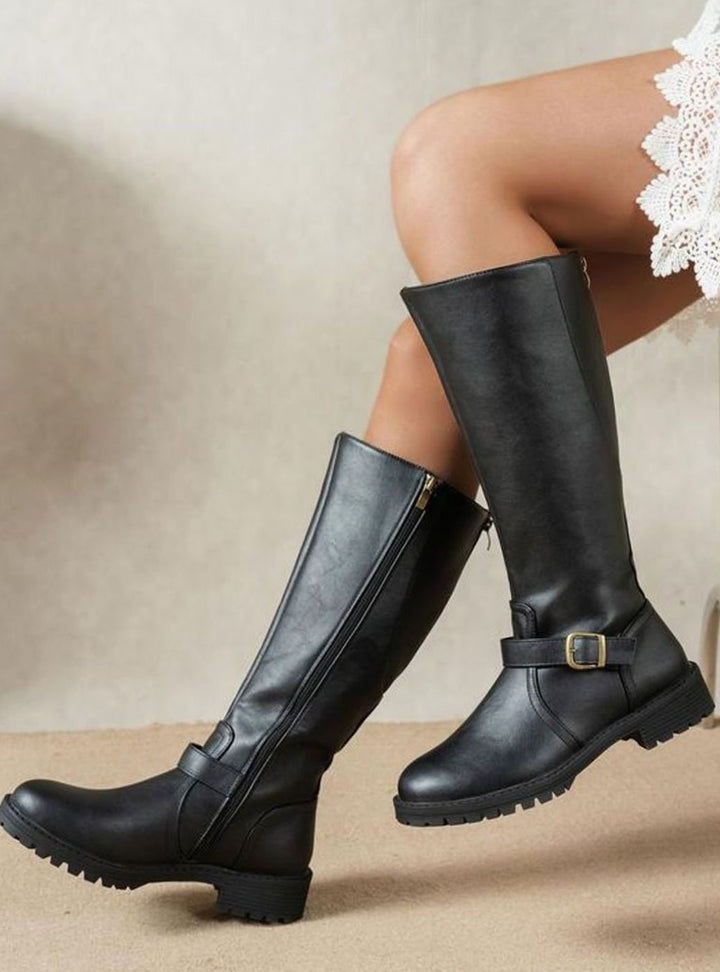 Women's Knee High Riding Boots Buckle Block Heel - Black