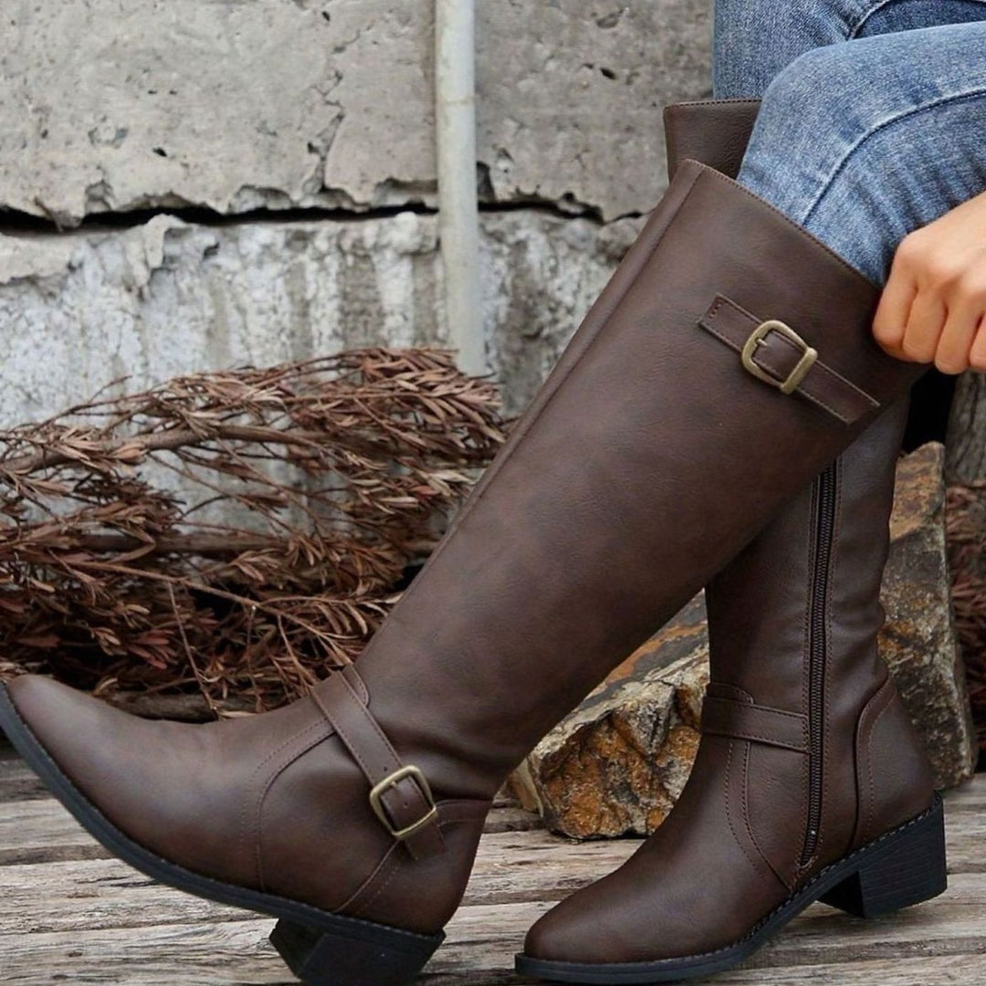 Women's Knee-High Riding Boots Buckle Zip Low Block Heel - Dark Brown