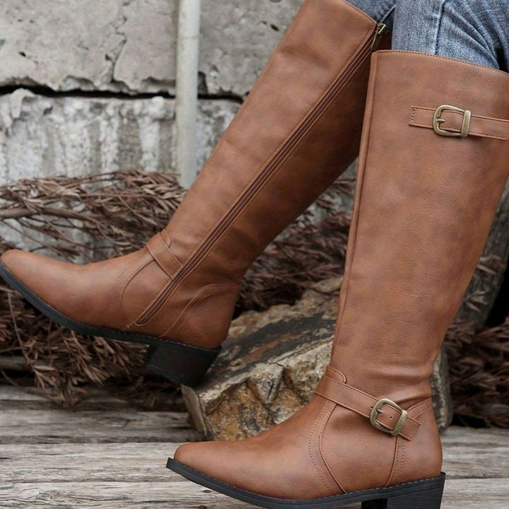 Women's Knee-High Riding Boots Buckle Zip Low Block Heel