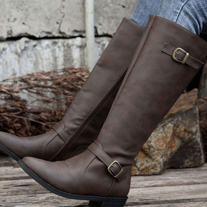 Women's Knee-High Riding Boots Buckle Zip Low Block Heel