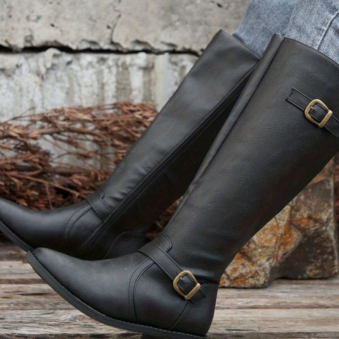 Women's Knee-High Riding Boots Buckle Zip Low Block Heel