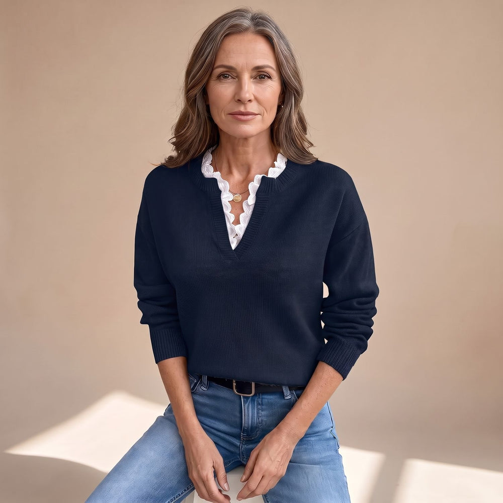 Women's Lace-Trim V-Neck Long Sleeve Knit Sweater