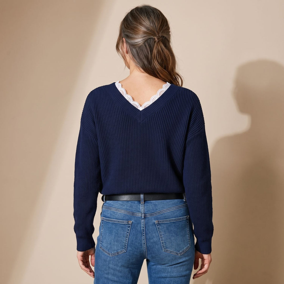 Women's Lace-Trim V-Neck Long Sleeve Knit Sweater