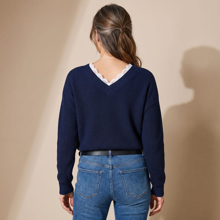 Women's Lace-Trim V-Neck Long Sleeve Knit Sweater