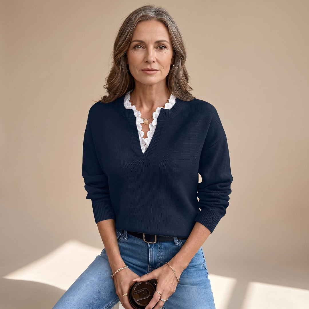 Women's Lace-Trim V-Neck Long Sleeve Knit Sweater - Blue