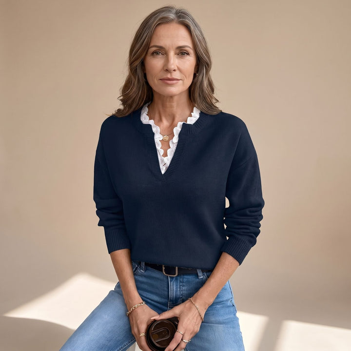 Women's Lace-Trim V-Neck Long Sleeve Knit Sweater - Blue