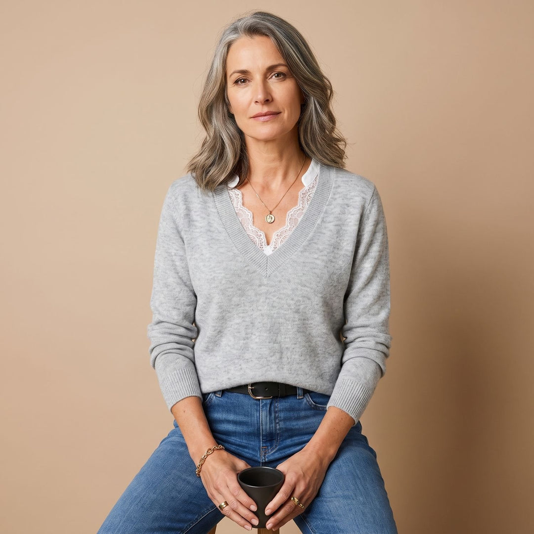 Women's Lace-Trim V-Neck Long Sleeve Knit Sweater - Gray