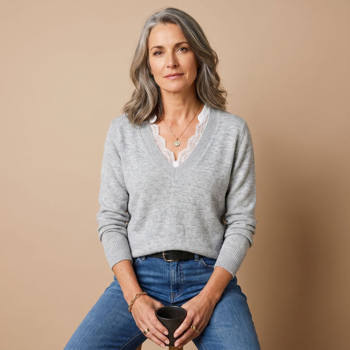 Women's Lace-Trim V-Neck Long Sleeve Knit Sweater - Gray