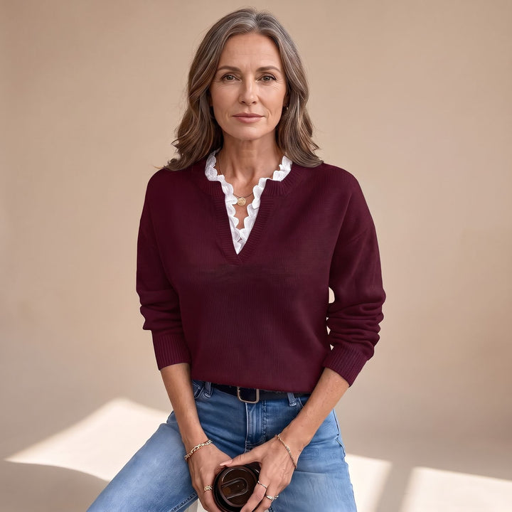 Women's Lace-Trim V-Neck Long Sleeve Knit Sweater - Burgundy