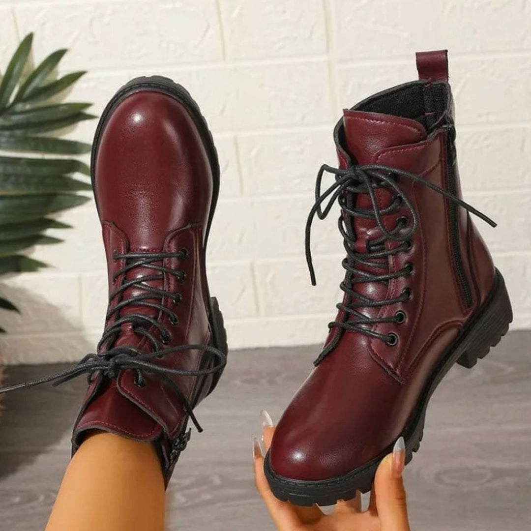 Women's Lace-Up Faux Leather Combat Ankle Boots Zipper