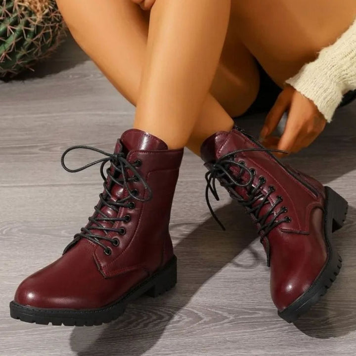 Women's Lace-Up Faux Leather Combat Ankle Boots Zipper