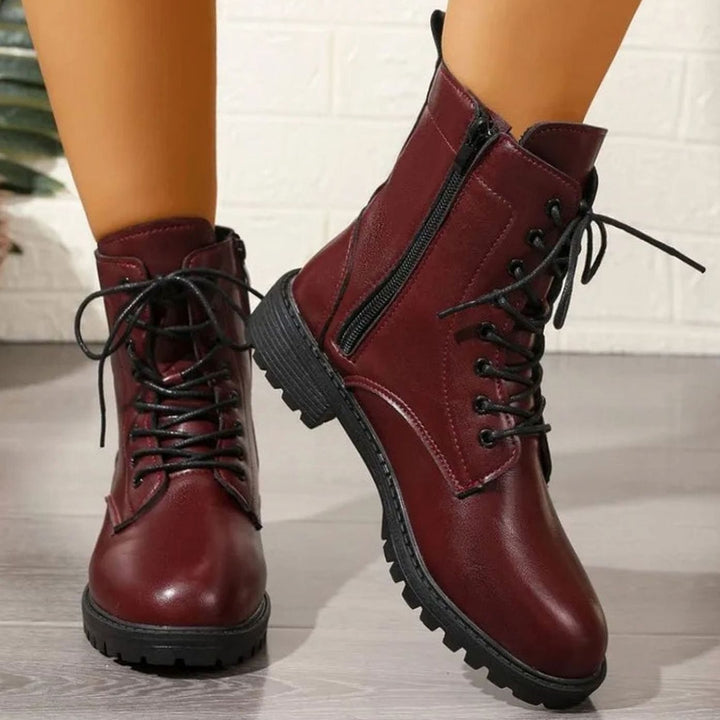 Women's Lace-Up Faux Leather Combat Ankle Boots Zipper