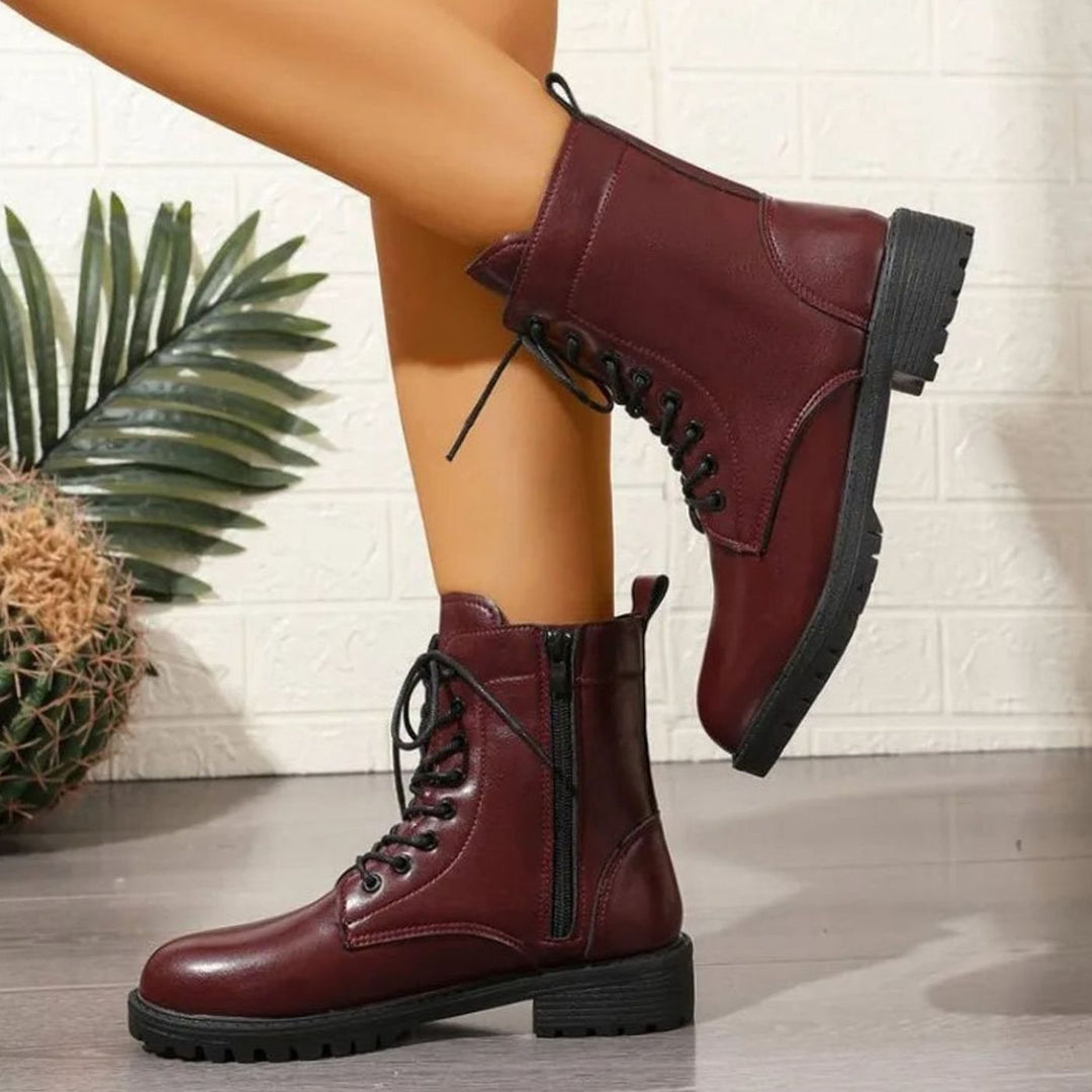 Women's Lace-Up Faux Leather Combat Ankle Boots Zipper