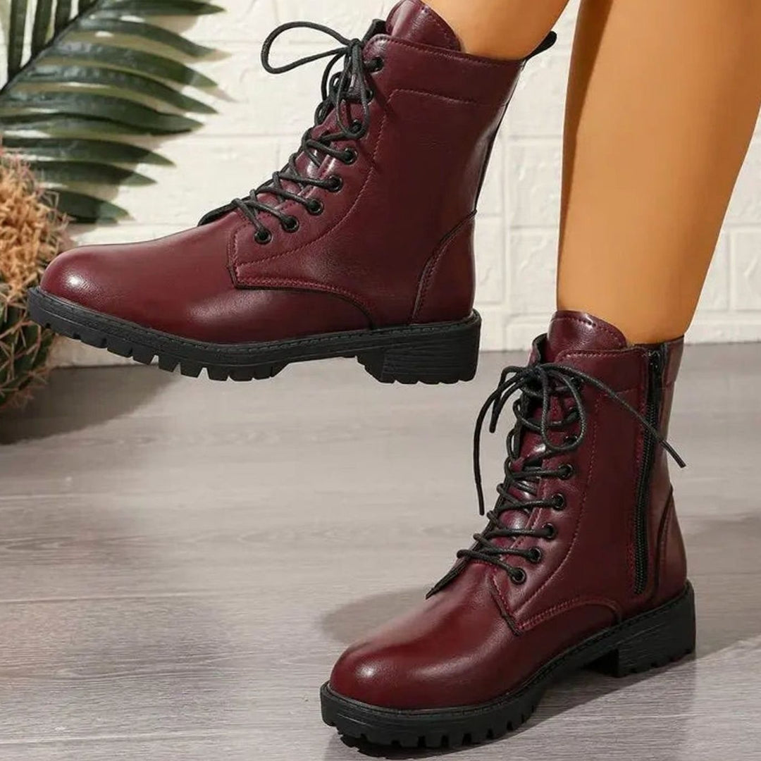 Women's Lace-Up Faux Leather Combat Ankle Boots Zipper - Wine Red