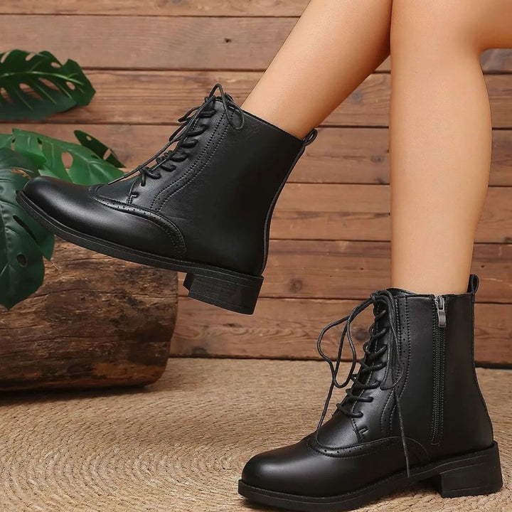 Women's Leather Lace-Up Chunky Heel Ankle Boots