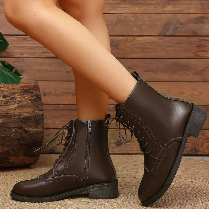 Women's Leather Lace-Up Chunky Heel Ankle Boots
