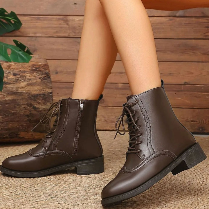 Women's Leather Lace-Up Chunky Heel Ankle Boots