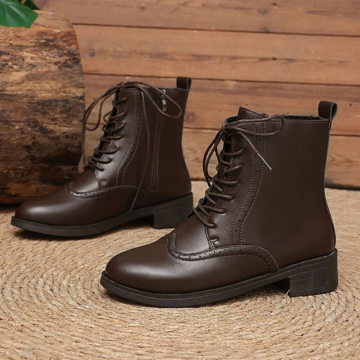 Women's Leather Lace-Up Chunky Heel Ankle Boots - Brown