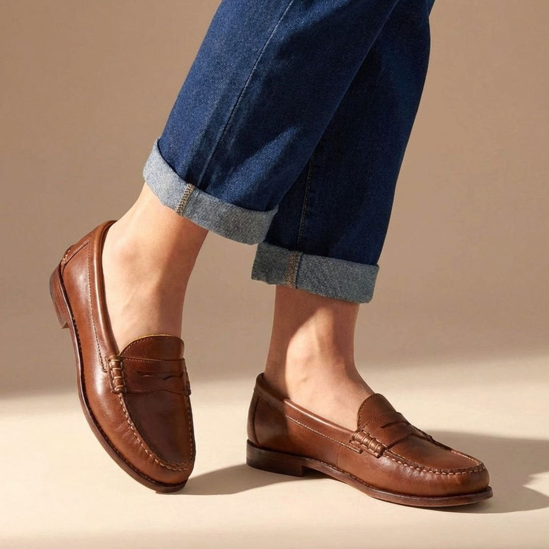 Women's Leather Penny Loafers Moccasin-Stitched Slip-On Flats - Brown