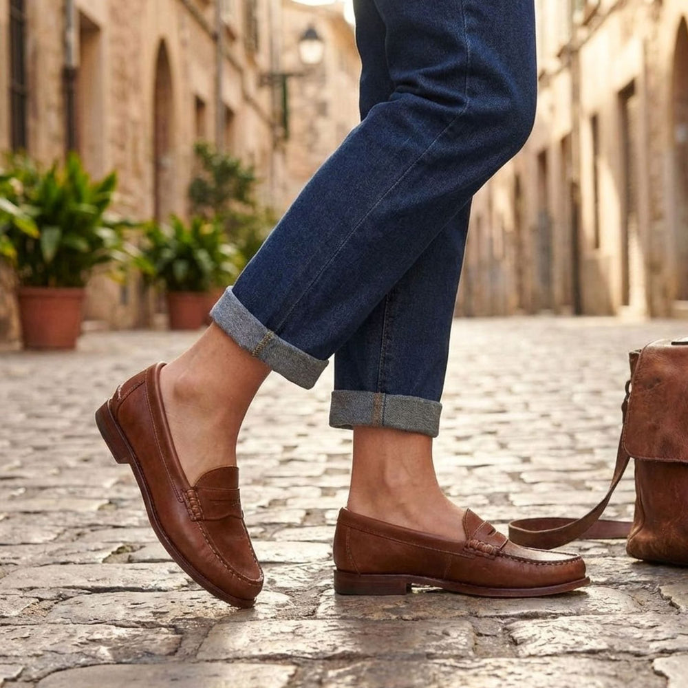 Women's Leather Penny Loafers Moccasin-Stitched Slip-On Flats