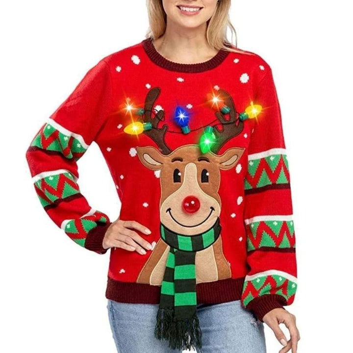 Women's LED Light-Up Reindeer Christmas Sweater Knit Pullover - Red
