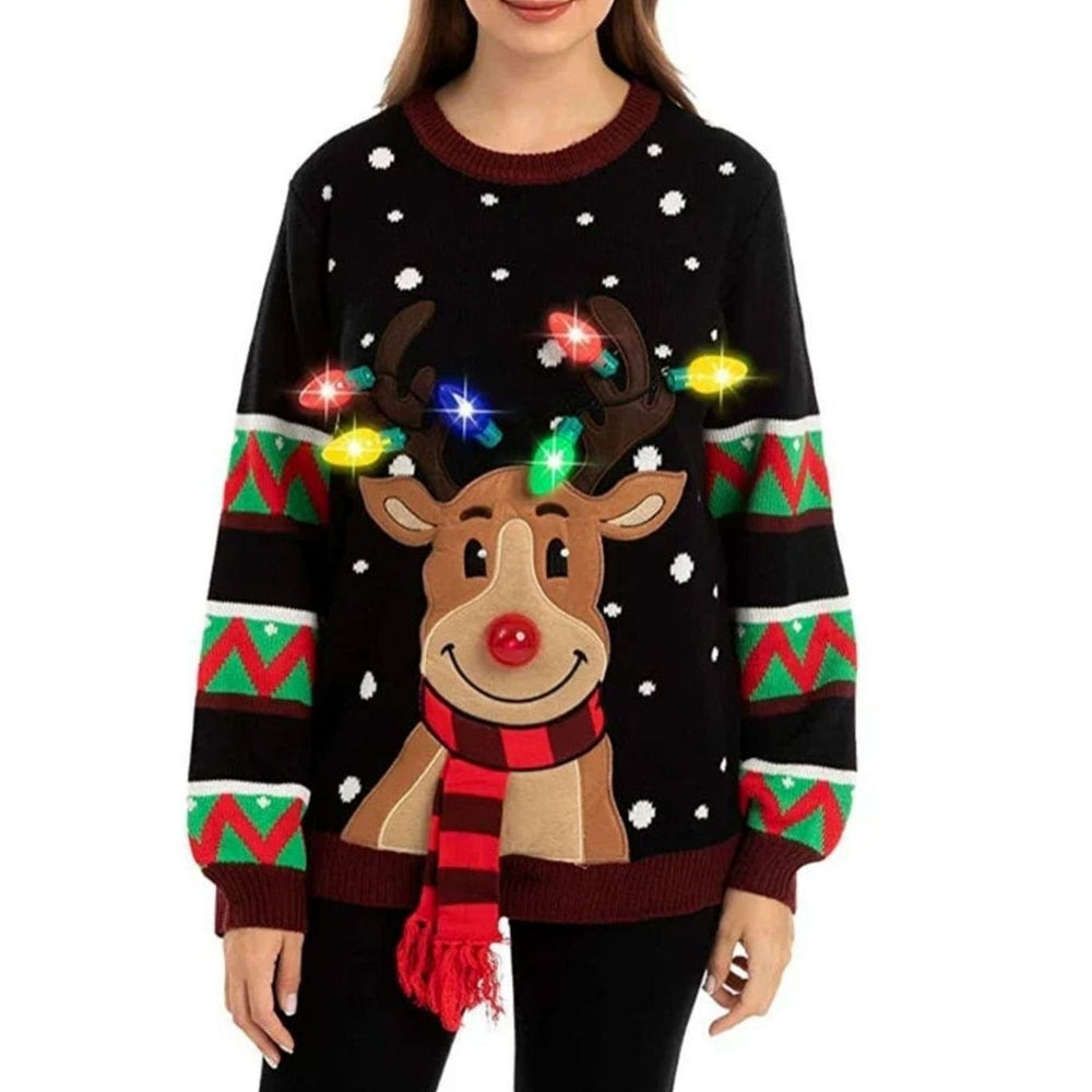 Women's LED Light-Up Reindeer Christmas Sweater Knit Pullover - Black