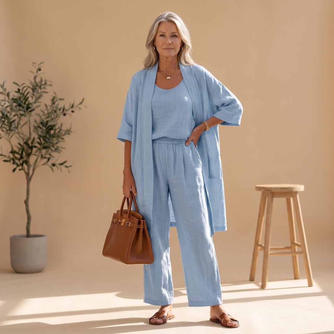 Women's Linen Blend Relaxed Cardigan Tank Top Wide-Leg Pants Two Piece Set - Blue