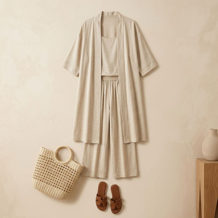 Women's Linen Blend Relaxed Cardigan Tank Top Wide-Leg Pants Two Piece Set