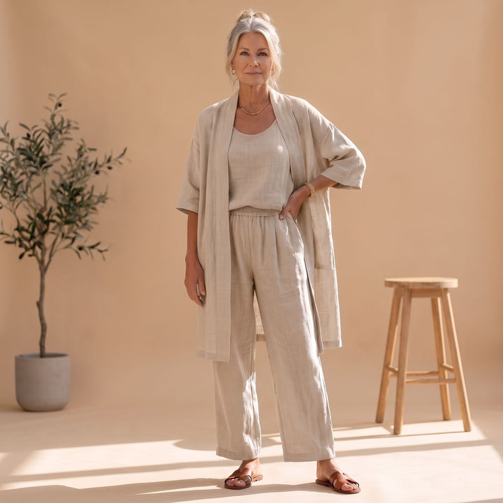 Women's Linen Blend Relaxed Cardigan Tank Top Wide-Leg Pants Two Piece Set