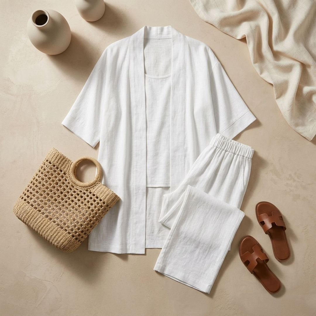 Women's Linen Blend Relaxed Cardigan Tank Top Wide-Leg Pants Two Piece Set