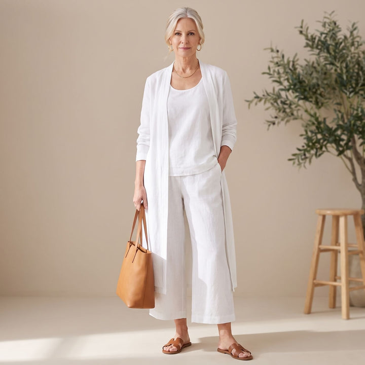 Women's Linen Blend Relaxed Cardigan Tank Top Wide-Leg Pants Two Piece Set - White