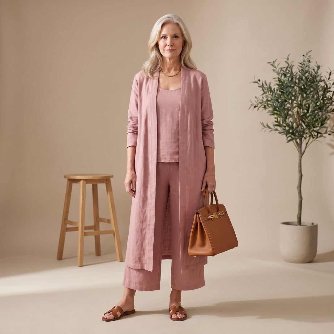 Women's Linen Blend Relaxed Cardigan Tank Top Wide-Leg Pants Two Piece Set - Pink