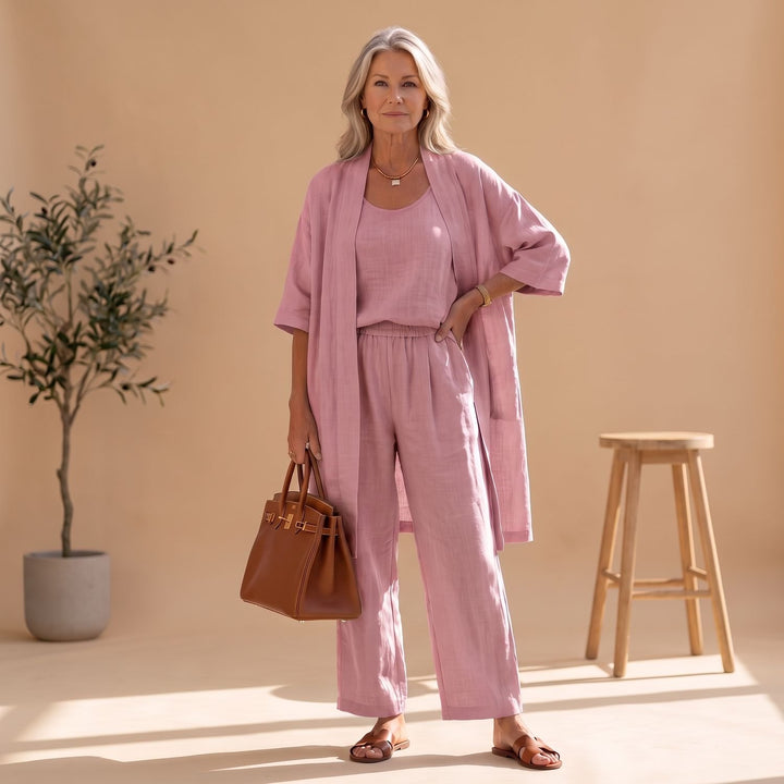 Women's Linen Blend Relaxed Cardigan Tank Top Wide-Leg Pants Two Piece Set