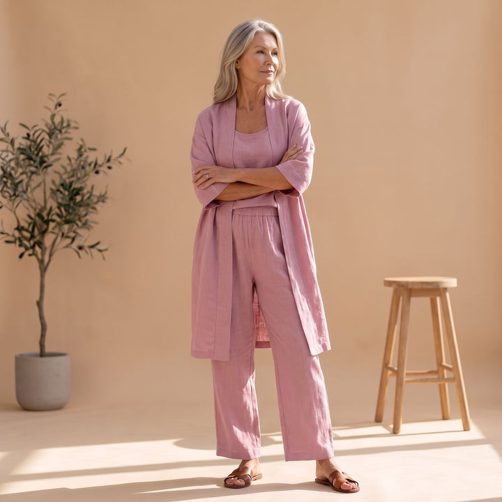 Women's Linen Blend Relaxed Cardigan Tank Top Wide-Leg Pants Two Piece Set