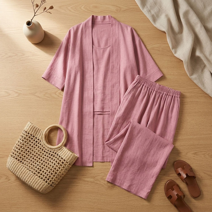 Women's Linen Blend Relaxed Cardigan Tank Top Wide-Leg Pants Two Piece Set