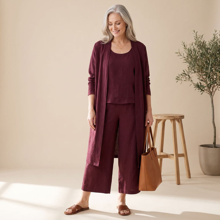 Women's Linen Blend Relaxed Cardigan Tank Top Wide-Leg Pants Two Piece Set - Wine Red