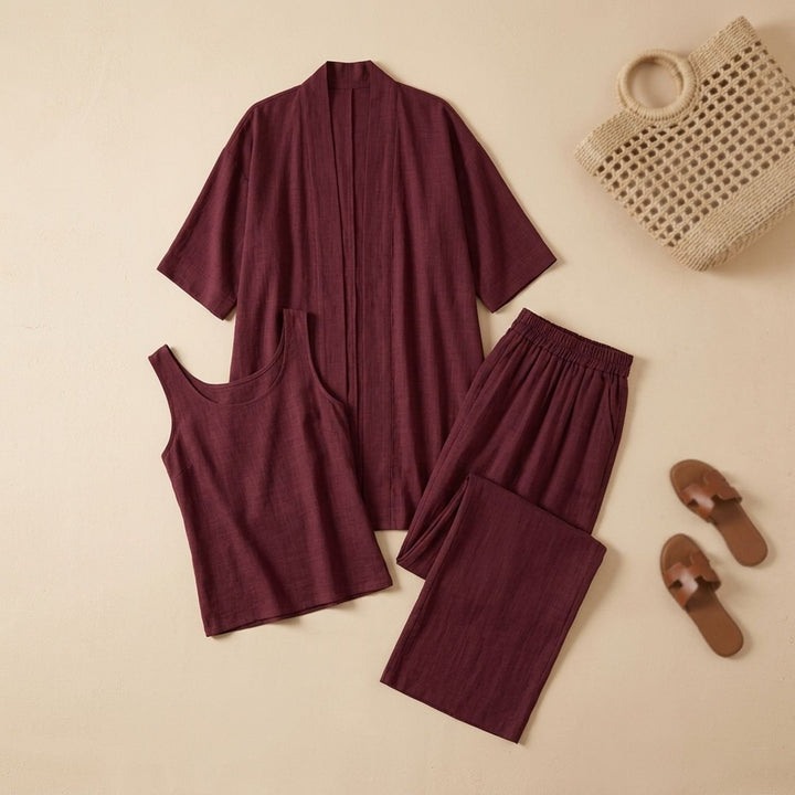 Women's Linen Blend Relaxed Cardigan Tank Top Wide-Leg Pants Two Piece Set