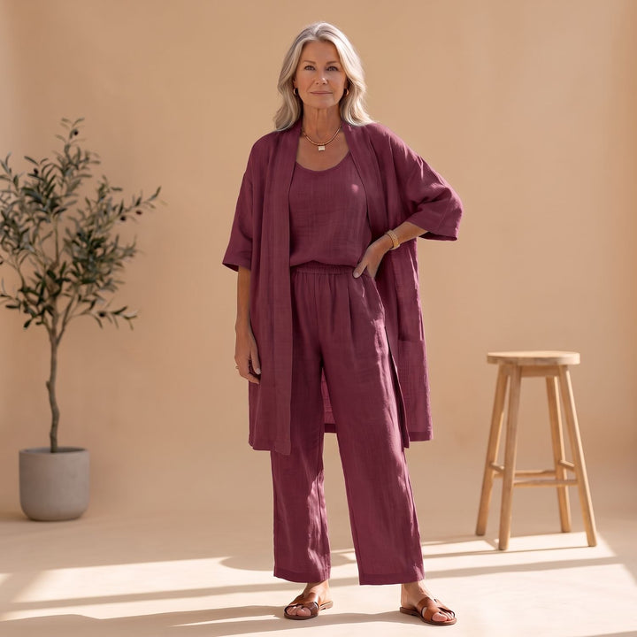 Women's Linen Blend Relaxed Cardigan Tank Top Wide-Leg Pants Two Piece Set
