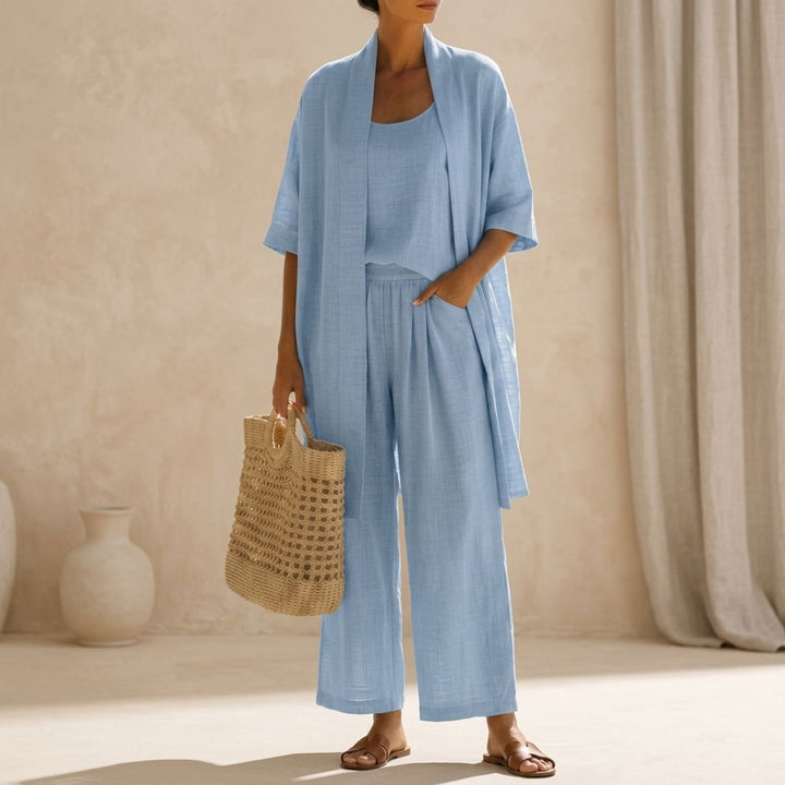 Women's Linen Blend Relaxed Cardigan Tank Top Wide-Leg Pants Two Piece Set