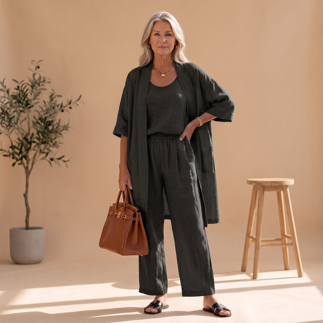 Women's Linen Blend Relaxed Cardigan Tank Top Wide-Leg Pants Two Piece Set - Black