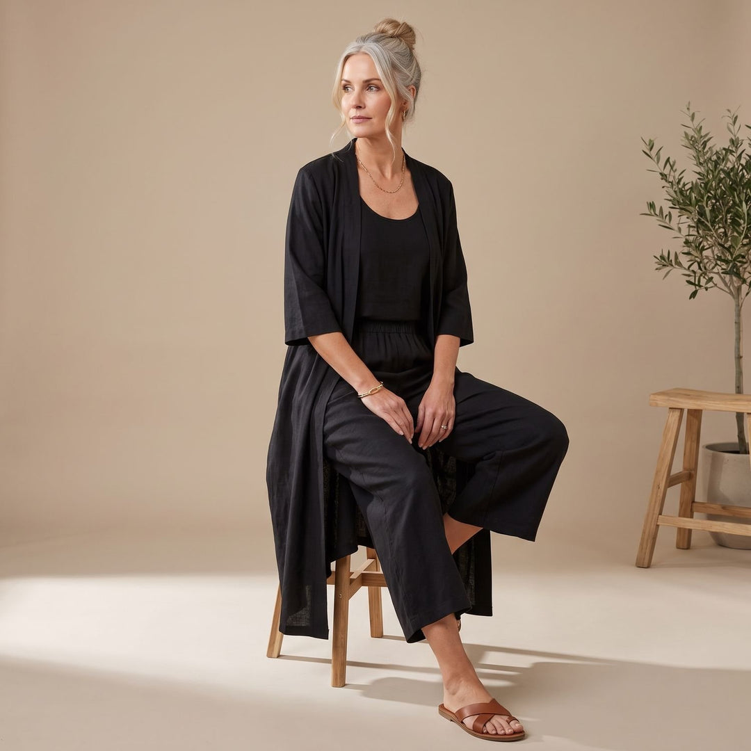 Women's Linen Blend Relaxed Cardigan Tank Top Wide-Leg Pants Two Piece Set