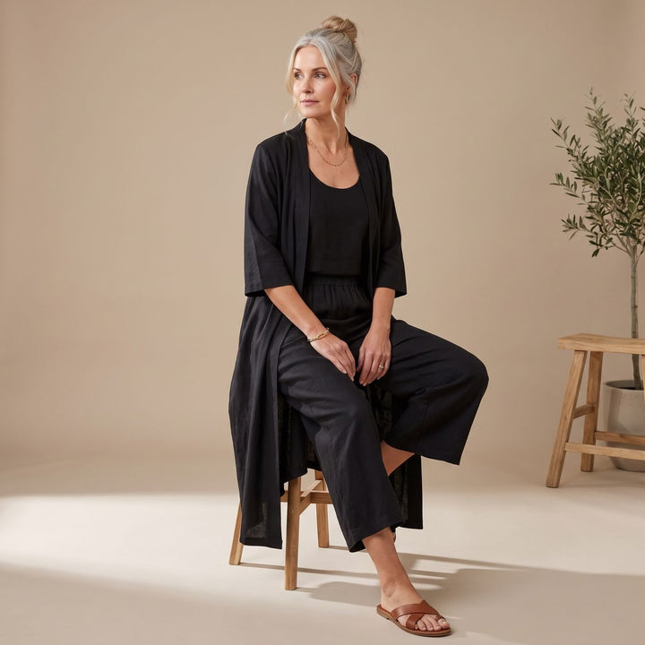 Women's Linen Blend Relaxed Cardigan Tank Top Wide-Leg Pants Two Piece Set
