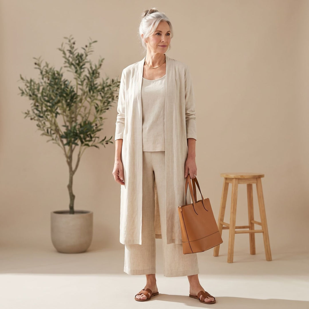 Women's Linen Blend Relaxed Cardigan Tank Top Wide-Leg Pants Two Piece Set - Khaki